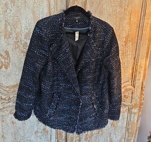 Talbots Navy and White Tweed Frayed-Trim Blazer